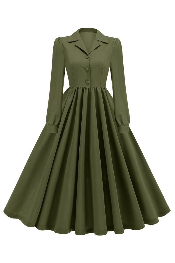 Army Green Notched Lapel Pleated 1950s Dress with Long Sleeves Online