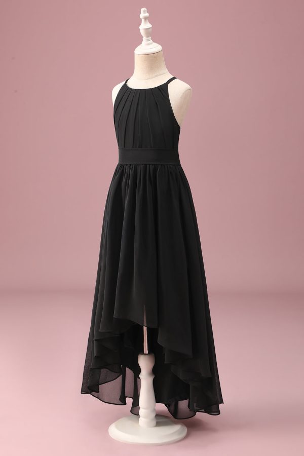 Black Round Neck A Line High Low Junior Bridesmaid Dress with Belt Online now