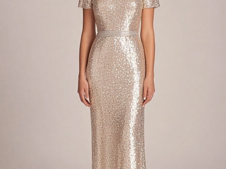 Sparkly Apricot Sheath Sequins Short Sleeves Long Mother of the Bride Dress on Sale