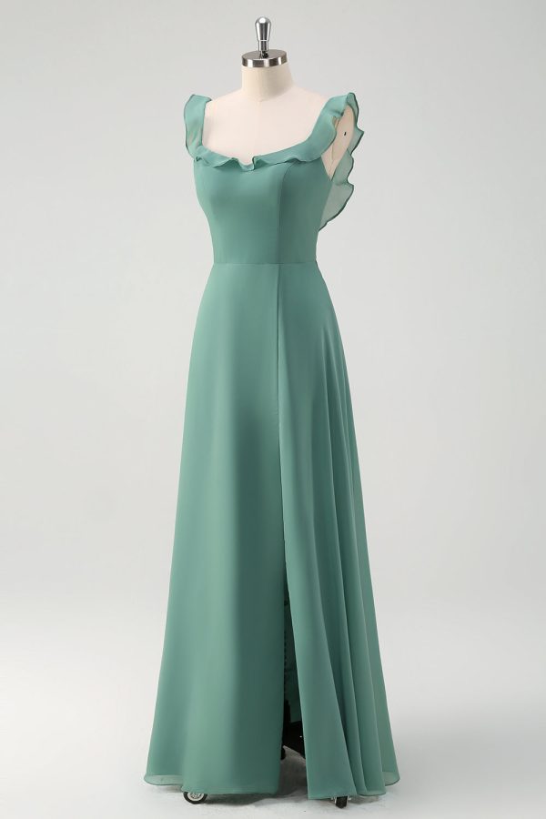 Eucalyptus Chiffon A Line Spaghetti Straps Long Bridesmaid Dress with Slit Sale