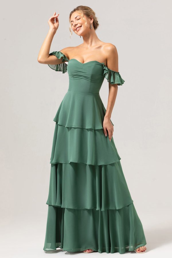 Eucalyptus A-Line Off The Shoulder Ruffled Chiffon Long Bridesmaid Dress Online now