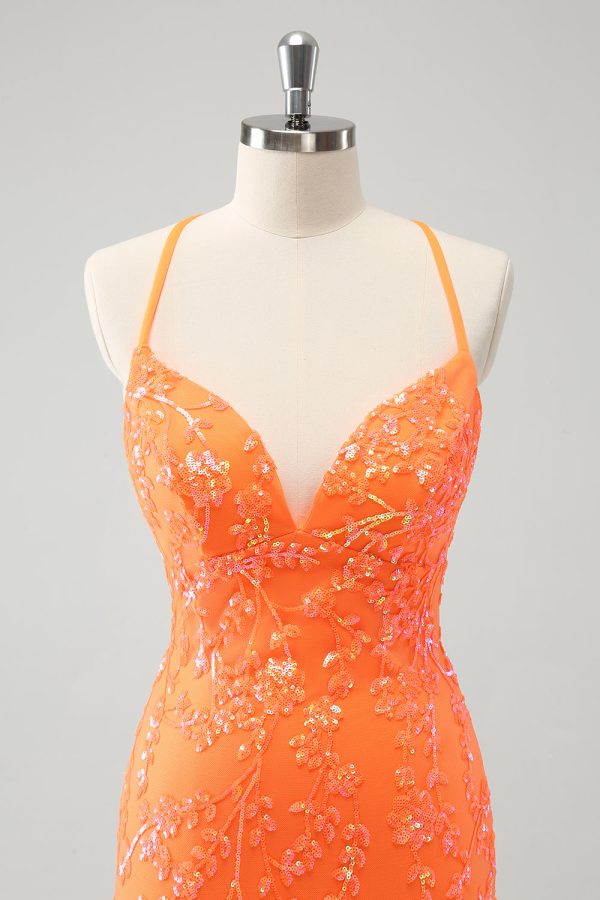 Sparkly Orange Lace-Up Back Tight Short Homecoming Dress with Sequins Online Hot Sale