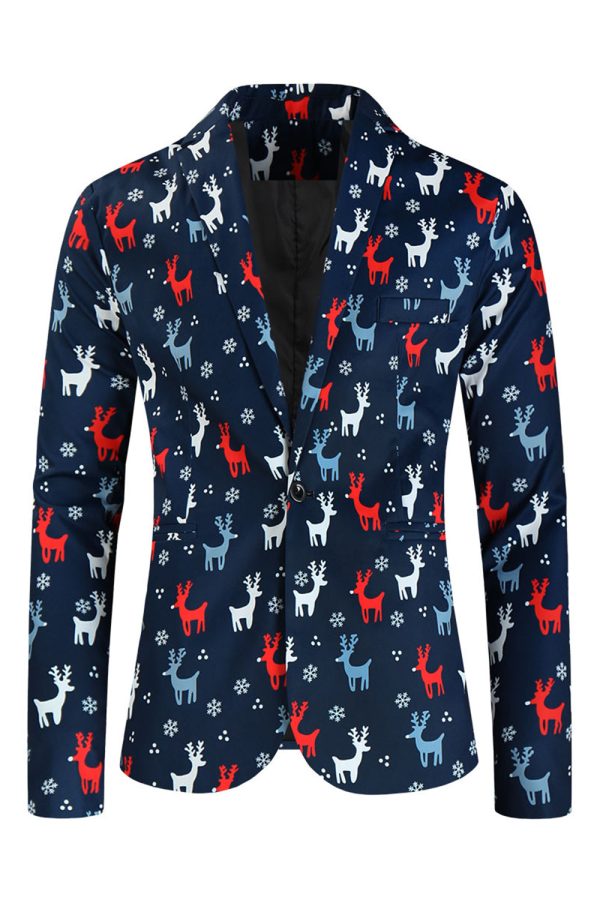 Dark Blue Elk Print 3-Pieces Men s Christmas Suits Sale