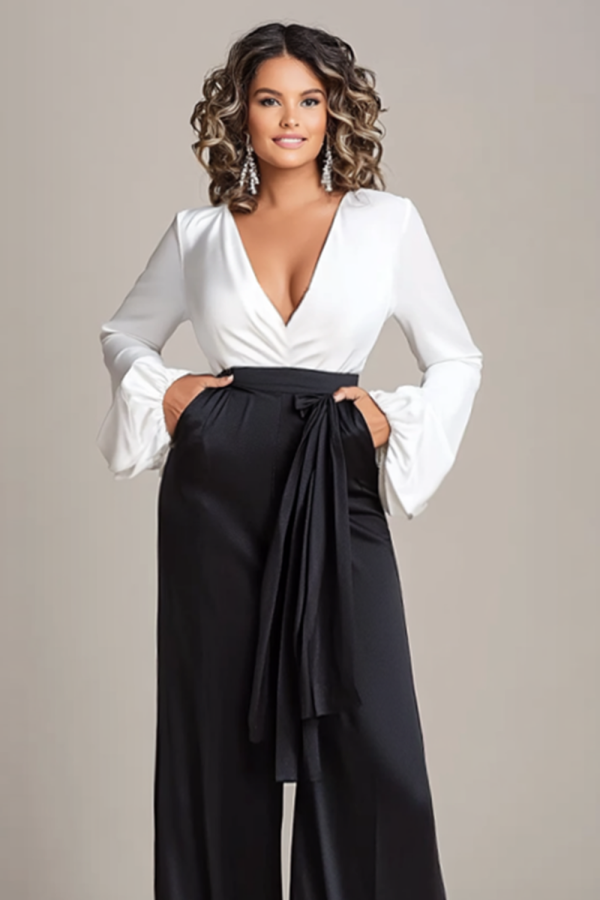 White and Black Deep V-neck Satin Long Sleeves Mother of the Bride Jumpsuits Online now