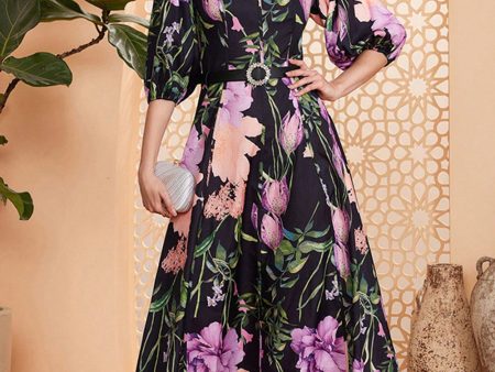 Black Floral A-Line V Neck Long Prom Dress with Belt Cheap