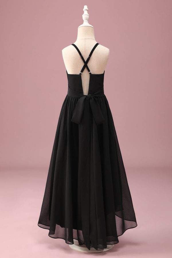 Black Round Neck A Line High Low Junior Bridesmaid Dress with Belt Online now