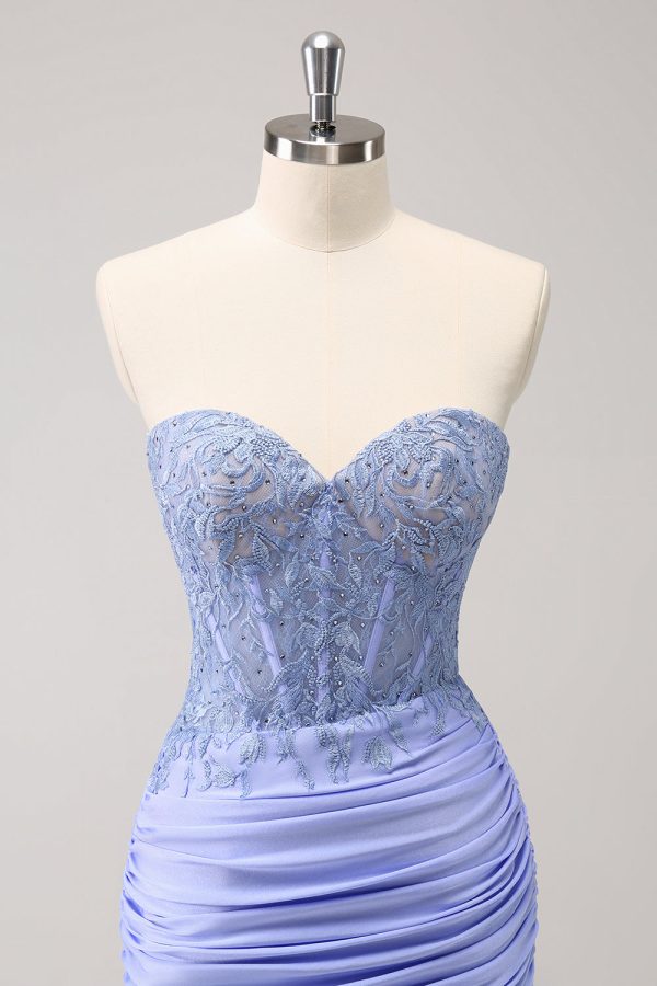 Lilac Strapless Corset Pleated Tight Homecoming Dress with Appliques Online