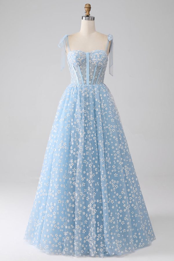 A-Line Spaghetti Straps Sky Blue Corset Prom Dress For Discount