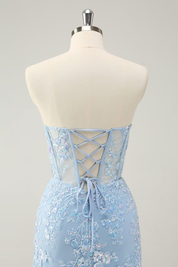 Light Blue Corset Sequins Sweetheart Short Tight Homecoming Dress with Lace-up Back Cheap