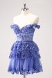 Sparkly A Line Off the Shoulder Dark Blue Corset Homecoming Dress with Ruffles Discount