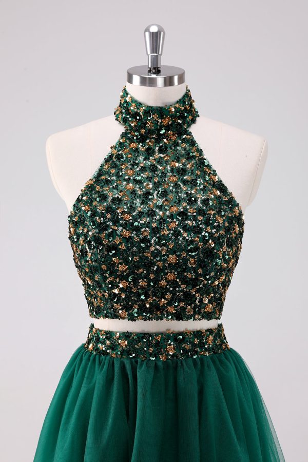 Sparkly A-Line Dark Green Halter Short Homecoming Dress with Sequins Online