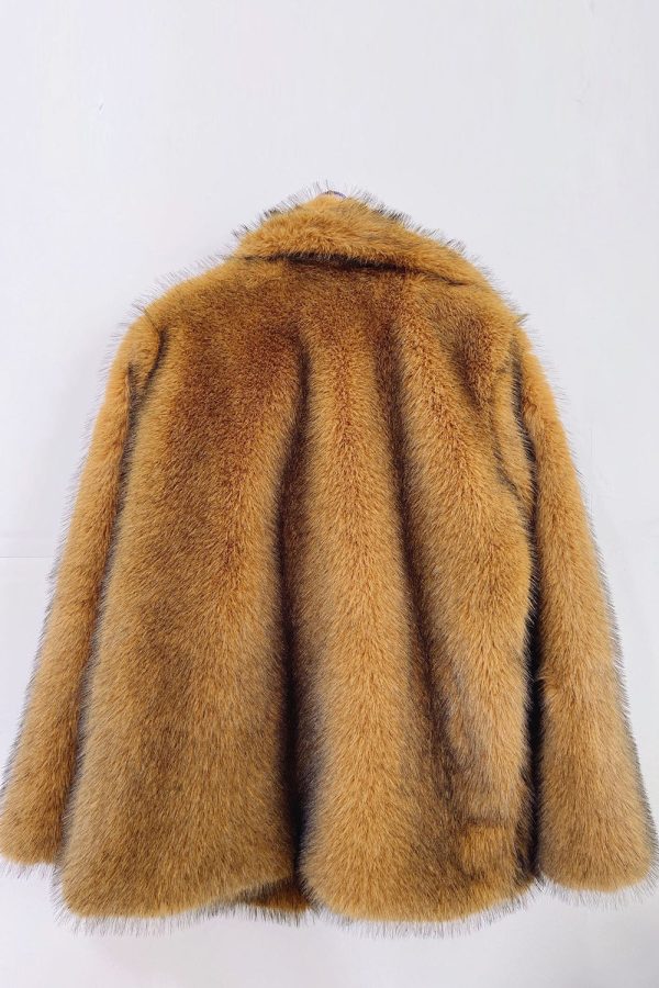 Fluffy Brown Notched Lapel Faux Fur Coat on Sale