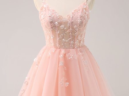 A Line Blush Spaghetti Straps Tulle Corset Sequins Homecoming Dress with Appliques Online Hot Sale