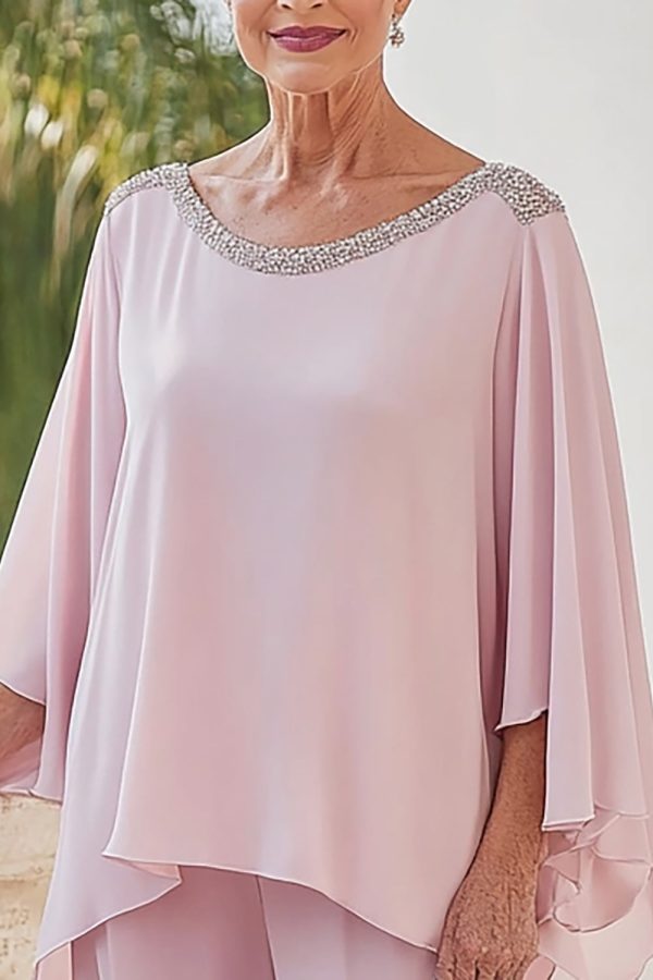 Sparkly Pink Flowy Long Sleeves Beaded Chiffon Mother of the Bride Jumpsuit For Discount