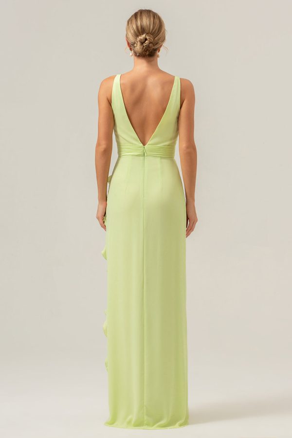 Lime Sheath Deep V Neck Backless Long Bridesmaid Dress with Ruffle Slit Supply