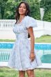 Sky Blue A Line Square Neck Print Floral Ruffle Short Homecoming Dress with Puff Sleeves Online