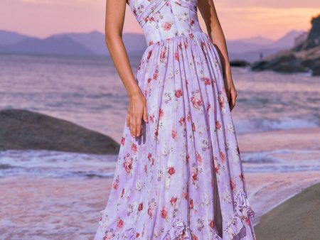 Chiffon Purple Floral Corset Halter Bridesmaid Dress with Slit For Sale