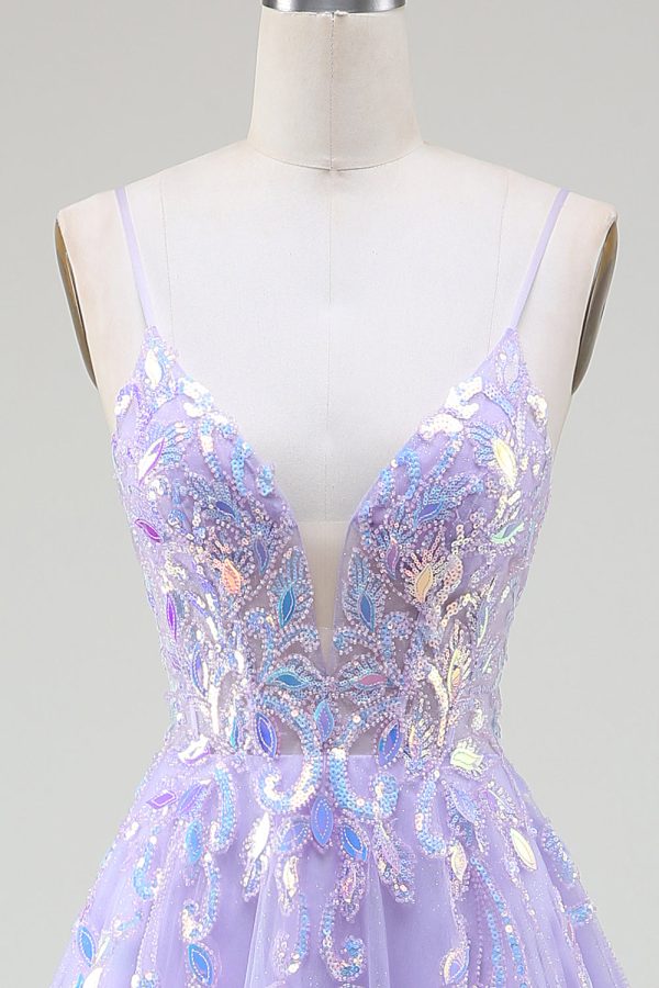 A-Line Purple Prom Dress with Sequins Cheap