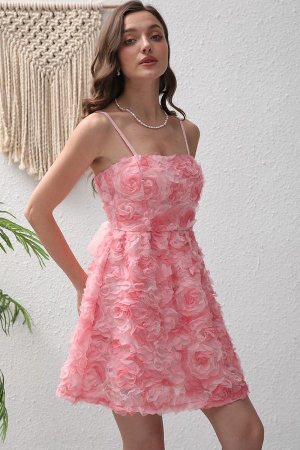 Pink Flower A-Line Spaghetti Straps Short Party Dress Cheap