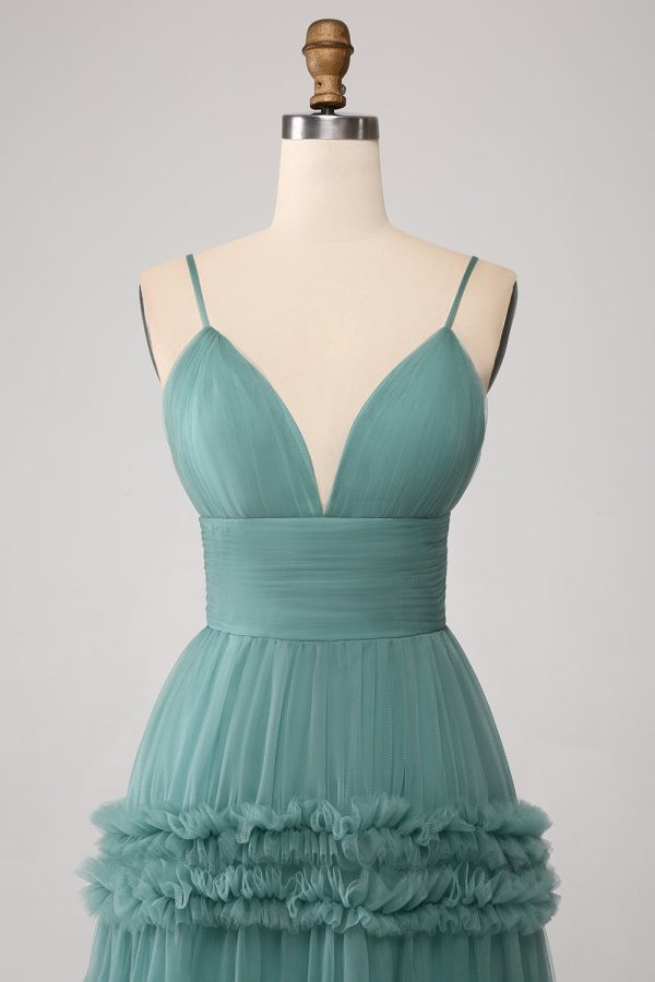 Green A Line Spaghetti Straps Tulle Long Prom Dress with Ruffles Hot on Sale