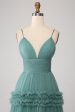 Green A Line Spaghetti Straps Tulle Long Prom Dress with Ruffles Hot on Sale