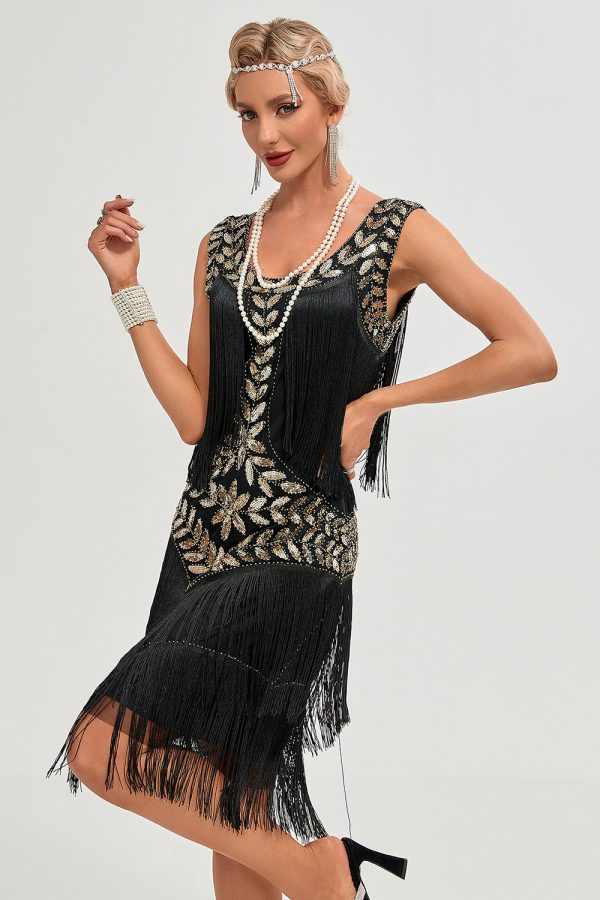 Black Gatsby 1920s Flapper Dress with Sequins and Fringes Supply