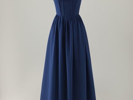 Dark Blue A-Line Square Neck Corset Long Bridesmaid Dress with Lace Up Back For Sale