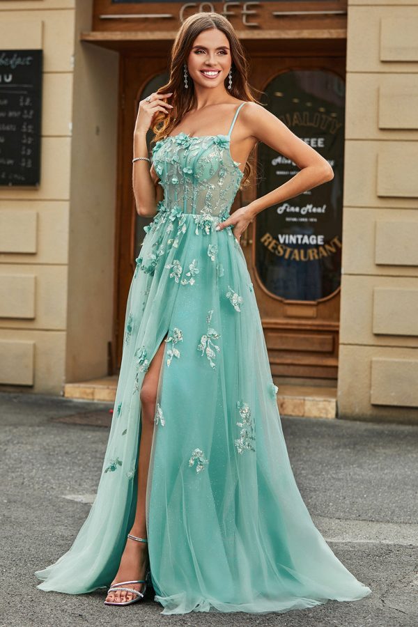 A-Line Green Tulle Corset Prom Dress with Appliques Fashion