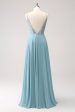 Grey Green A-Line Spaghetti Straps Chiffon Long Bridesmaid Dress with Slit For Cheap