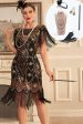 Black Golden Sequins Fringe 1920s Flapper Dress with 20s Accessories Set For Sale