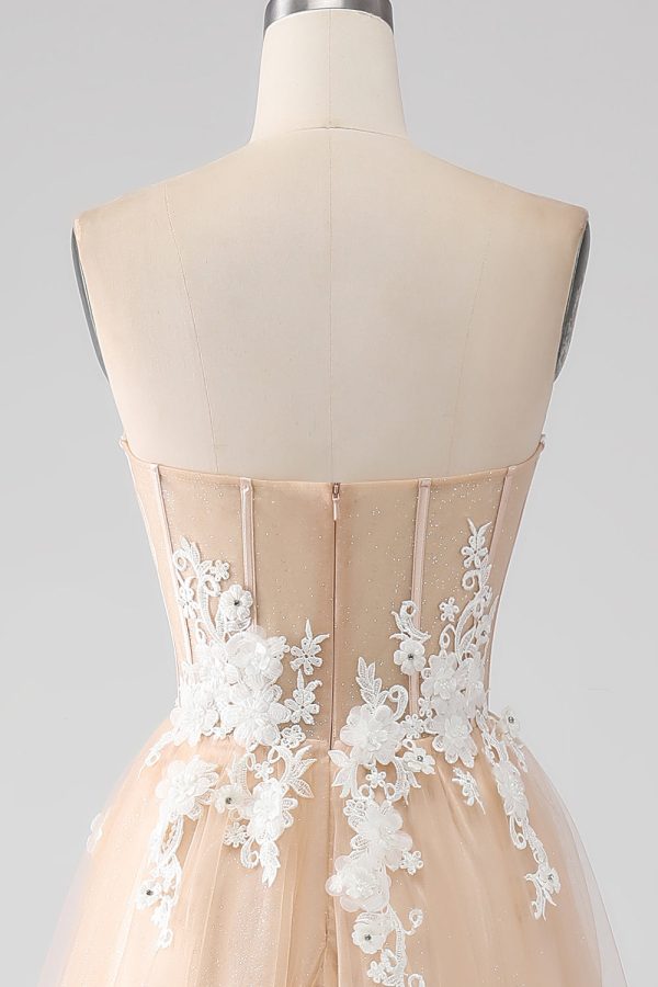 A-Line Champagne Strapless Corset Prom Dress with Appliques Hot on Sale