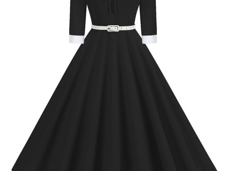 Black A-Line V-neck Short Sleeves Midi 1950s Dress Cheap