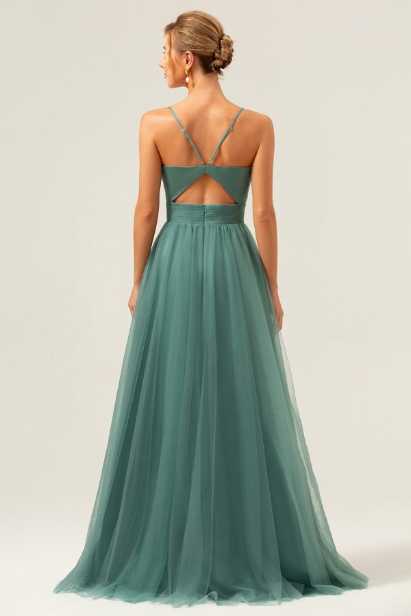 Eucalyptus Spaghetti Straps Tulle A-Line Long Bridesmaid Dress For Cheap