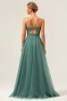 Eucalyptus Spaghetti Straps Tulle A-Line Long Bridesmaid Dress For Cheap