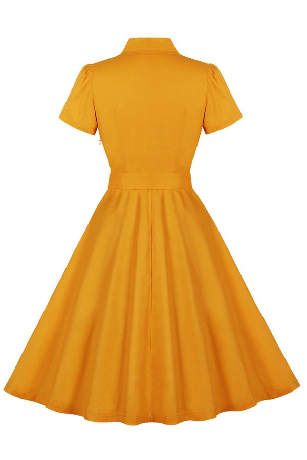 Yellow Ruffled Notched Lapel Belted Bows 1950s Dress with Pockets Cheap