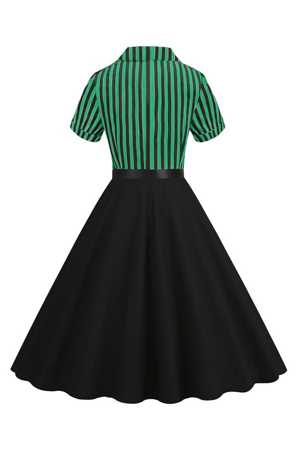 A Line Black Stripe 1950s Dress with Short Sleeves For Sale