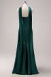 Dark Green Halter Satin Mermaid Bridesmaid Dress with Streamer Cheap