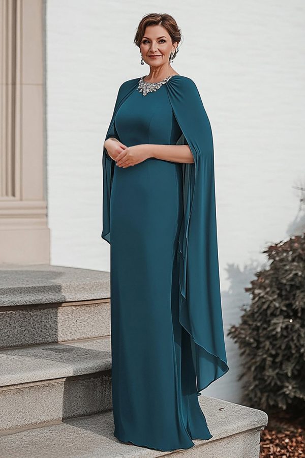 Sparkly Peacock Mermaid Rhinestones Chiffon Long Mother of the Bride Dress with Cape For Cheap