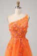 Orange One Shoulder A-Line Tulle Long Prom Dress with Appliques Discount