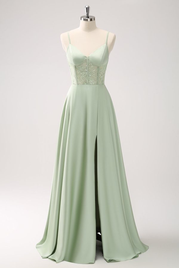 Green Spaghetti Straps A-Line Satin Long Corset Bridesmaid Dress with Slit Online