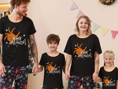 Black and Orange Spider Printed Halloween Family Pajamas Set Sale