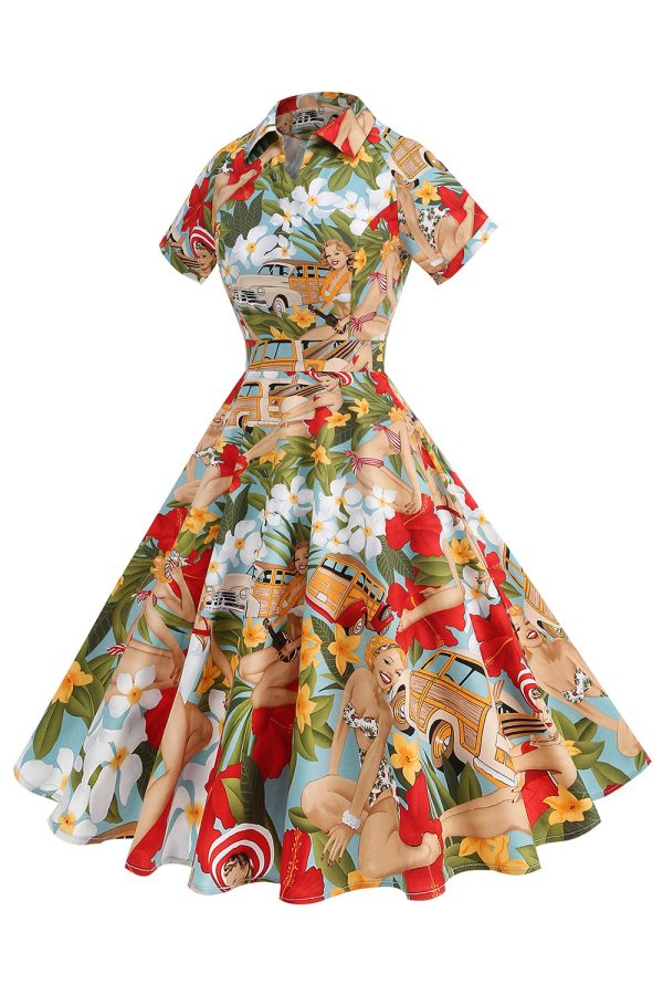 Flower A Line Printed Vintage 1950s Dress Discount