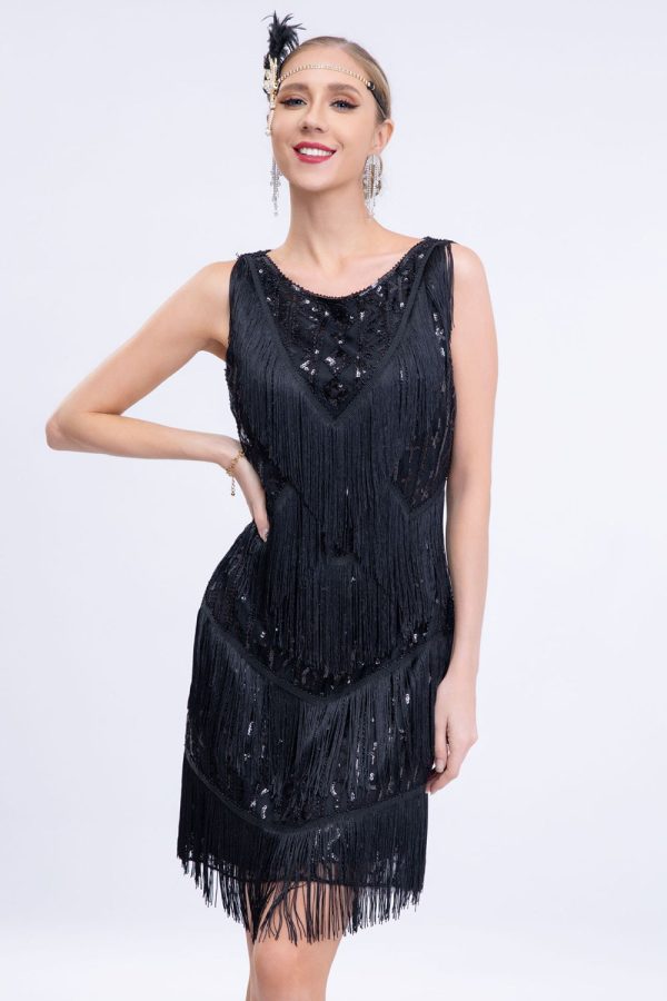 Black Fringed 1920s Gatsby Dress with Sequins For Discount