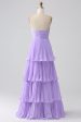 A-Line Sweetheart Lilac Tiered Chiffon Long Bridesmaid Dress with Pleated For Discount