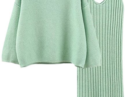 Erola Light Green Kneeted Mini Dress and Top Set Online