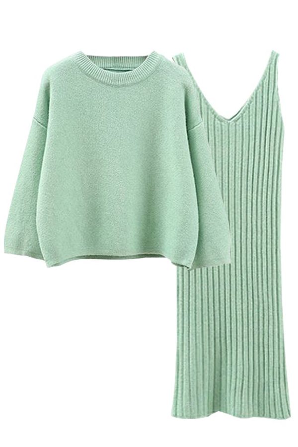 Erola Light Green Kneeted Mini Dress and Top Set Online