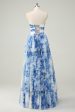 White Blue Flower A Line Strapless Tiered Long Prom Dress For Sale