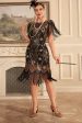 Black Golden Sheath 1920s Great Gatsby Sequin Fringe Flapper Dress with Sleeve Fashion