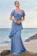 Blue Cold Shoulder Chiffon Bridesmaid Dress with Ruffles Online