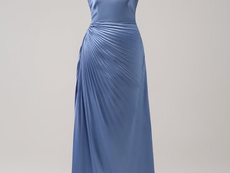 Blue One Shoulder Satin Keyhole Long Bridesmaid Dress Discount